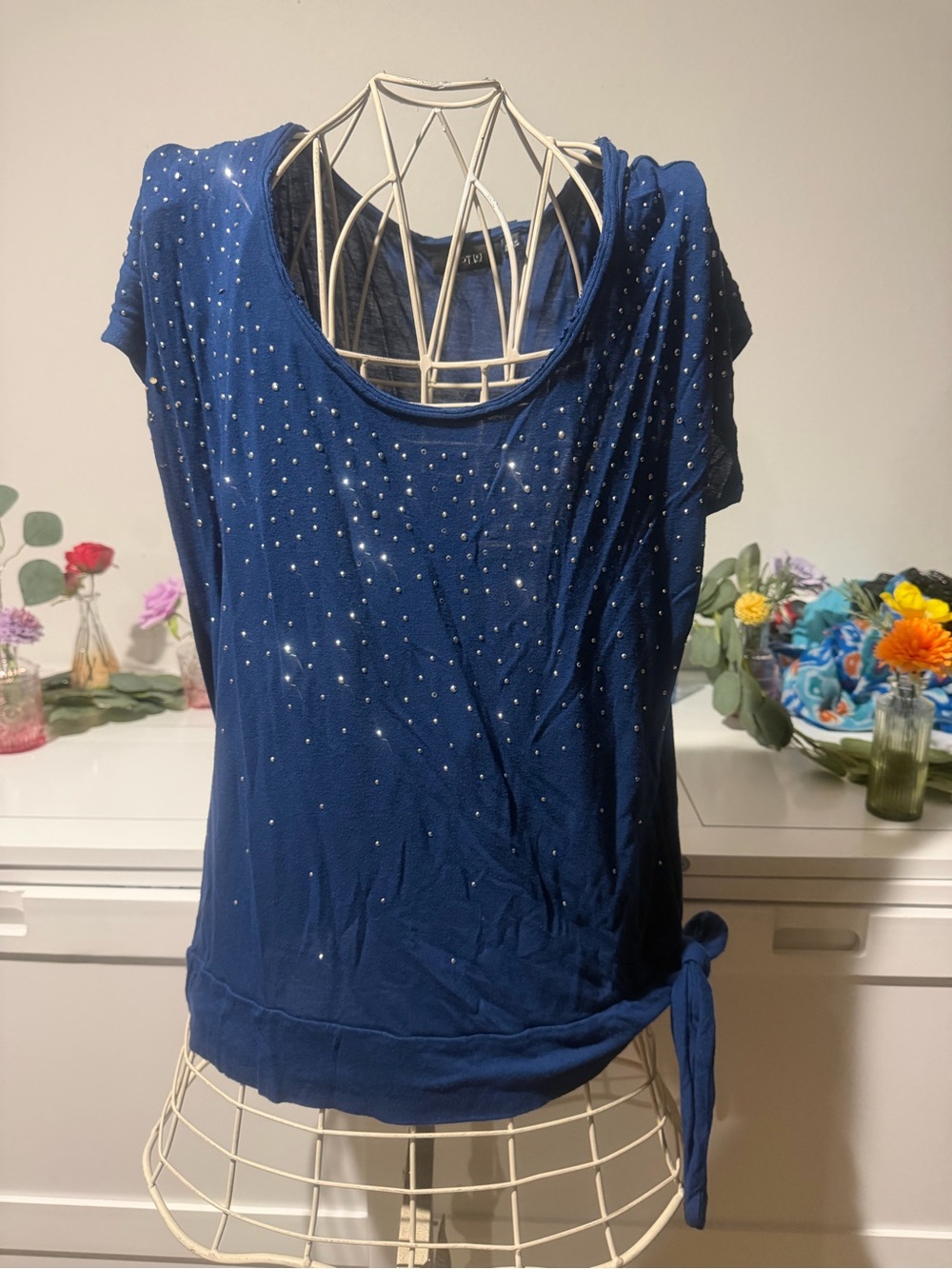 Apt. 9 Navy Blue Short Sleeve Tee with Side Tie and Stud Accents